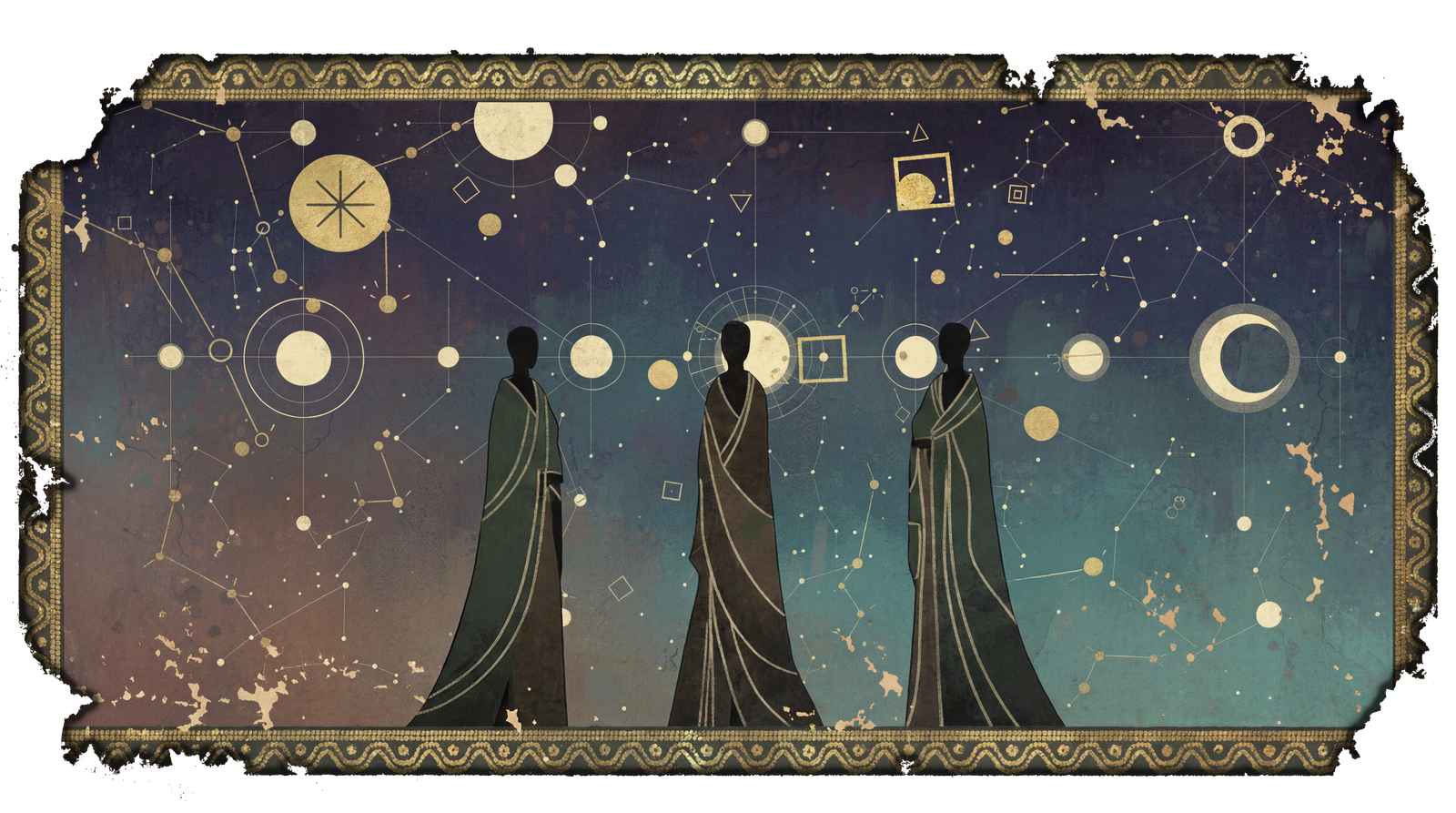 Three robed figures stand among constellations and moons.