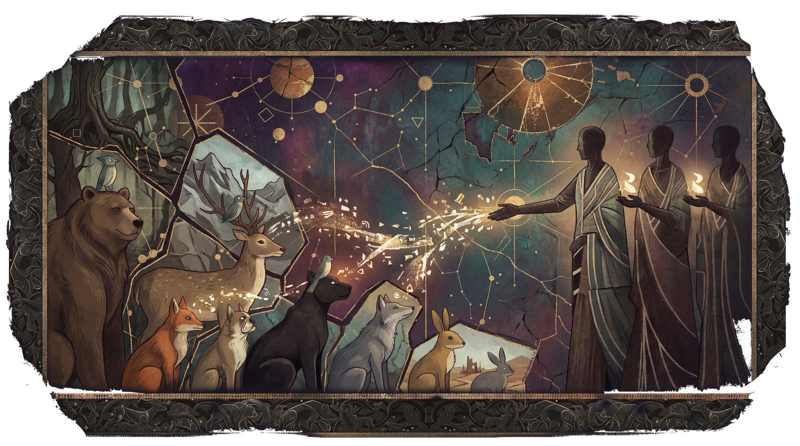 The Ancestors reach out with light toward a gathering of animals: a bear, a stag, a fox, rabbits and a hound.