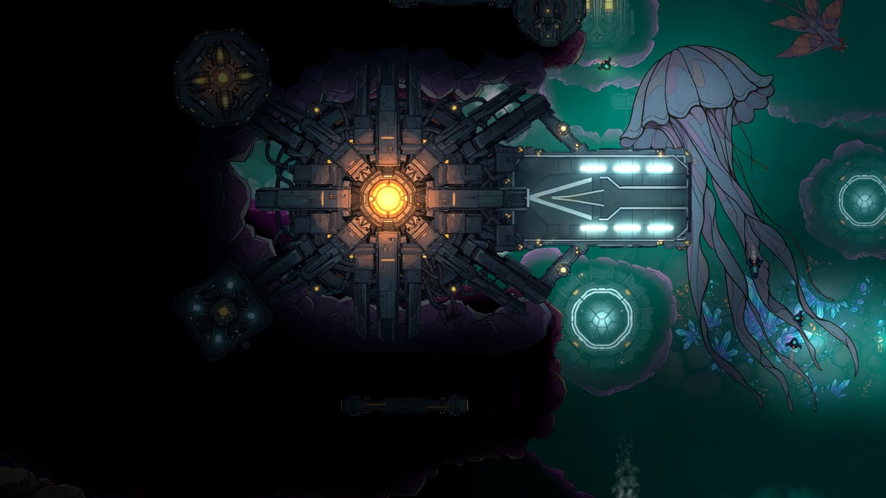 Top-down view of Slagpoint station in Emberfall, a glowing reactor core beside a docking arm, with a giant pale jellyfish drifting past.