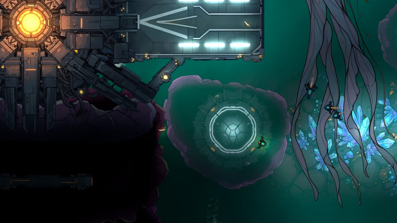 A giant jellyfish drifts past Slagpoint over glowing blue crystals.