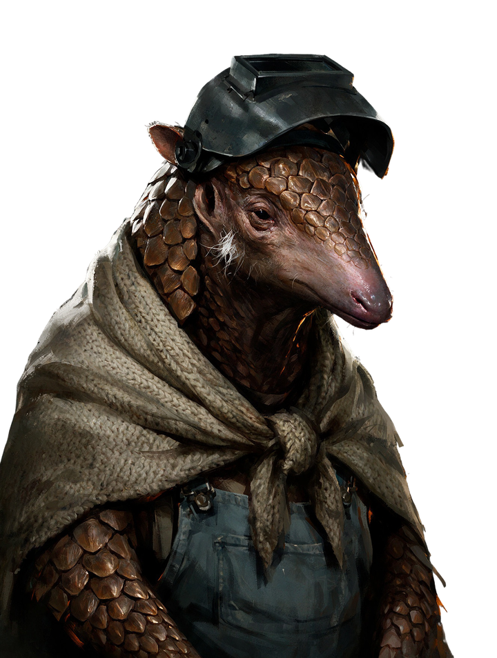 Gudrun Ashby, an old pangolin in a shawl and welding visor.