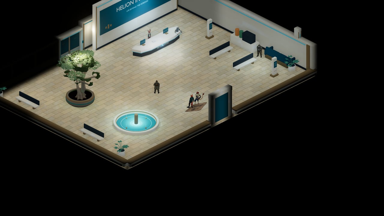 The reception hall of the Helion institute, with its fountain and the Helion Institute sign.