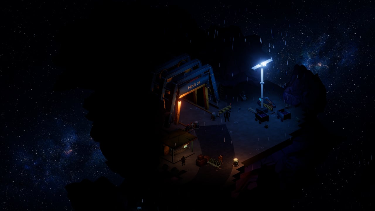 The Mine 04 entrance at Slagpoint at night: a lit gantry, a floodlight and the shift shelter in the rain.