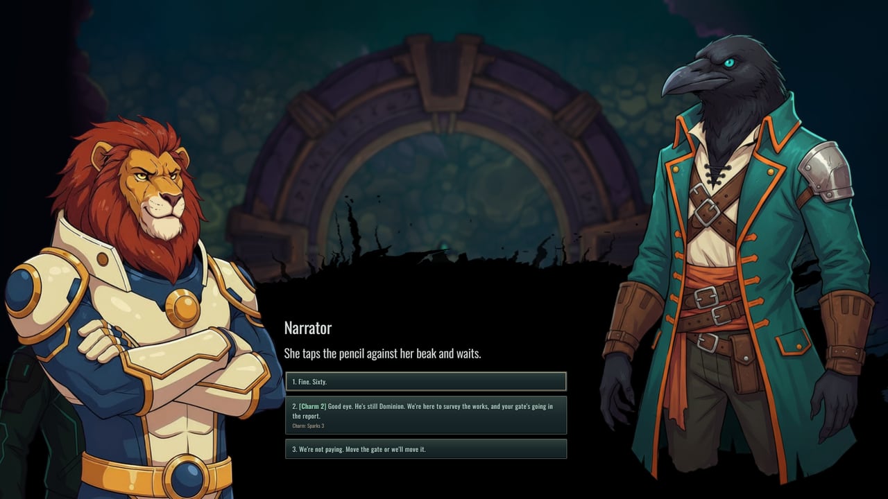 A toll conversation at the Old Refinery: Kaelric beside a raven tollkeeper, with a green Charm 2 check on Sparks' second answer.