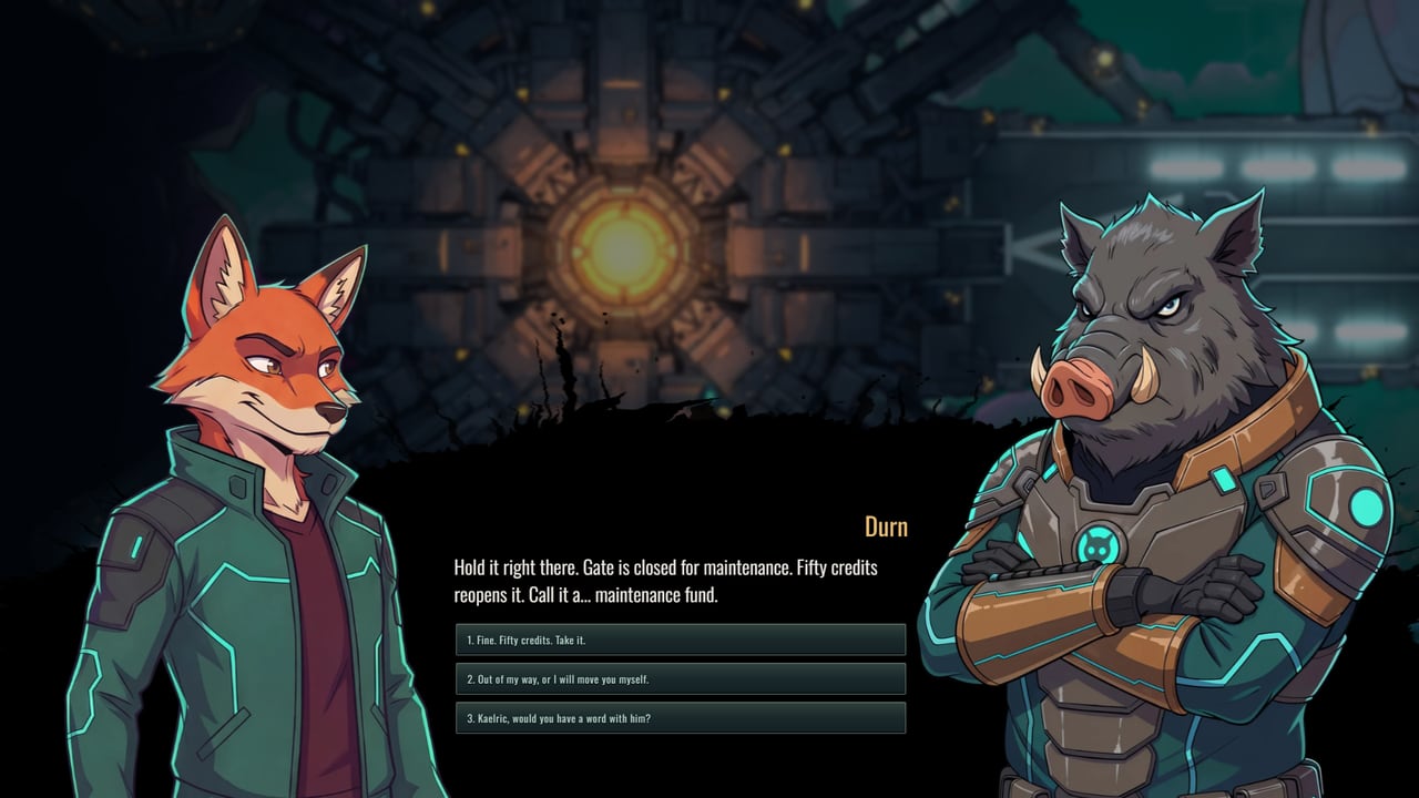 A conversation at Slagpoint: Sparks, a young fox, faces Durn, a boar in armour who guards the gate.